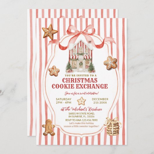 Red Stripes Bow Gingerbread House Cookies Exchange Einladung (Vorne/Hinten)