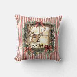 Red Stripes Bows Christmas Deer in Window Kissen