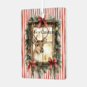 Red Stripes Bows Christmas Deer in Window Ornament Aus Metall (Vorderseite links)