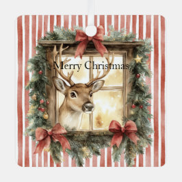 Red Stripes Bows Christmas Deer in Window Ornament Aus Metall