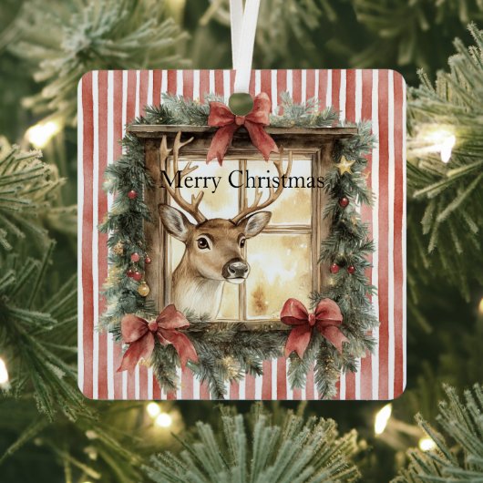 Red Stripes Bows Christmas Deer in Window Ornament Aus Metall (InSitu)