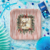 Red Stripes Bows Christmas Deer in Window Pappteller (Party)