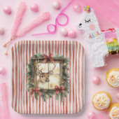 Red Stripes Bows Christmas Deer in Window Pappteller (Party)