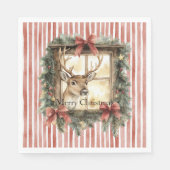 Red Stripes Bows Christmas Deer in Window Serviette (Vorderseite)