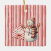 Red Stripes Jolly Christmas Snowman Keramikornament (Vorderseite)