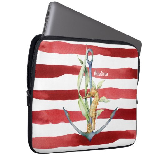 Red Stripes Nautical Anchor and Seahorse with Name Laptopschutzhülle (Vorne Rechts)