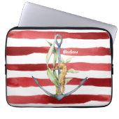 Red Stripes Nautical Anchor and Seahorse with Name Laptopschutzhülle (Vorderseite)