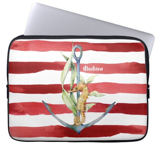 Red Stripes Nautical Anchor and Seahorse with Name Laptopschutzhülle (Vorderseite)