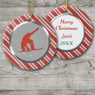 Red Stripes Snowboarder Personalisierte Weihnachte Keramikornament