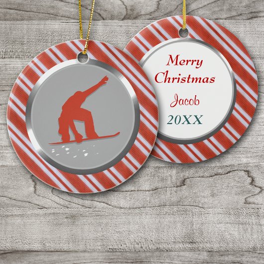 Red Stripes Snowboarder Personalisierte Weihnachte Keramikornament