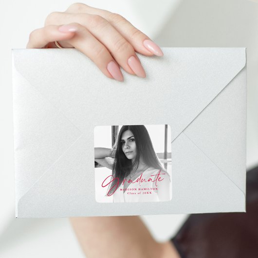 Red Stylish Script Photo Graduation Quadratischer Aufkleber