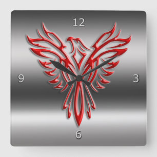 Red stylized Phoenix Rising on metallic-look Quadratische Wanduhr