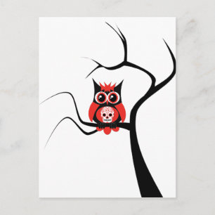 Red Sugar Skull Owl in Tree Postcard Postkarte