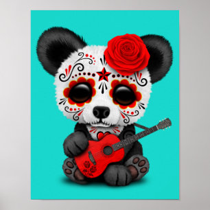Red Sugar Skull Panda Gitarre spielen Poster