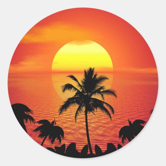 Red Sun Tropical Palm Beach Runder Aufkleber (Vorderseite)