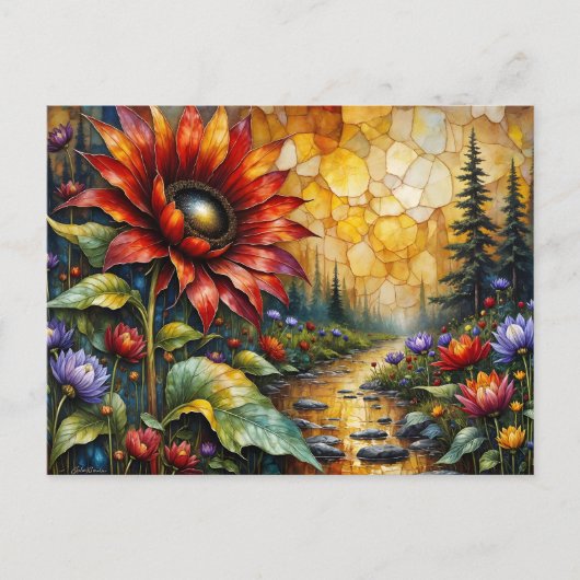 Red Sunflower in valley by stream Postkarte (Vorderseite)
