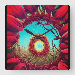Red Sunflower Stargate Quadratische Wanduhr