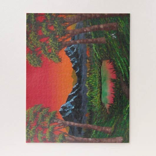 Red Sunset Mountain Forest Lake Puzzle (Vertikal)
