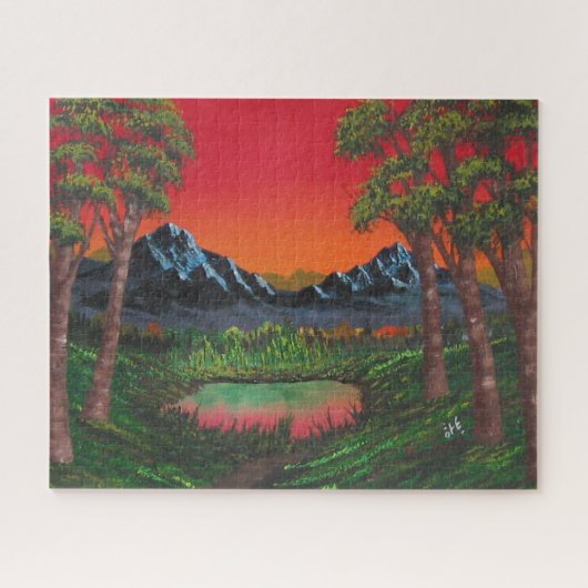 Red Sunset Mountain Forest Lake Puzzle (Horizontal)