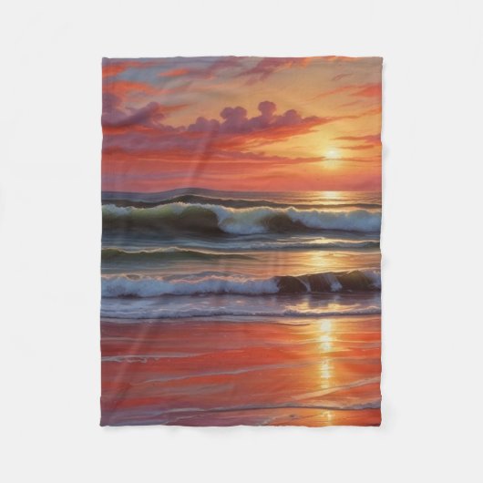 Red Sunset Ocean Seascape Malerei Artwork Fleecedecke (Vorderseite)