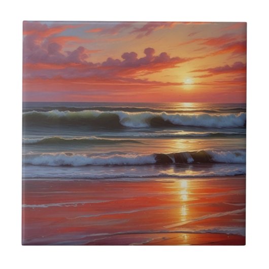 Red Sunset Ocean Seascape Malerei Artwork Fliese (Vorderseite)