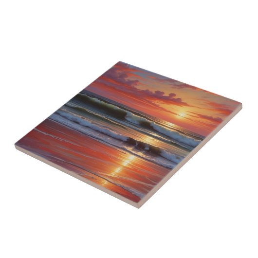 Red Sunset Ocean Seascape Malerei Artwork Fliese (Seite)