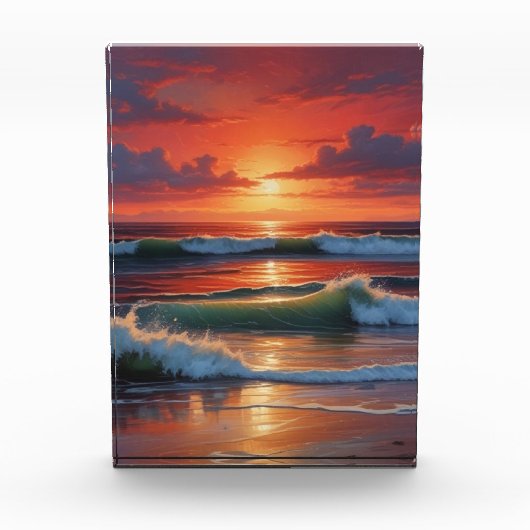 Red Sunset Ocean Seascape Malerei Artwork Fotoblock (Vorderseite)