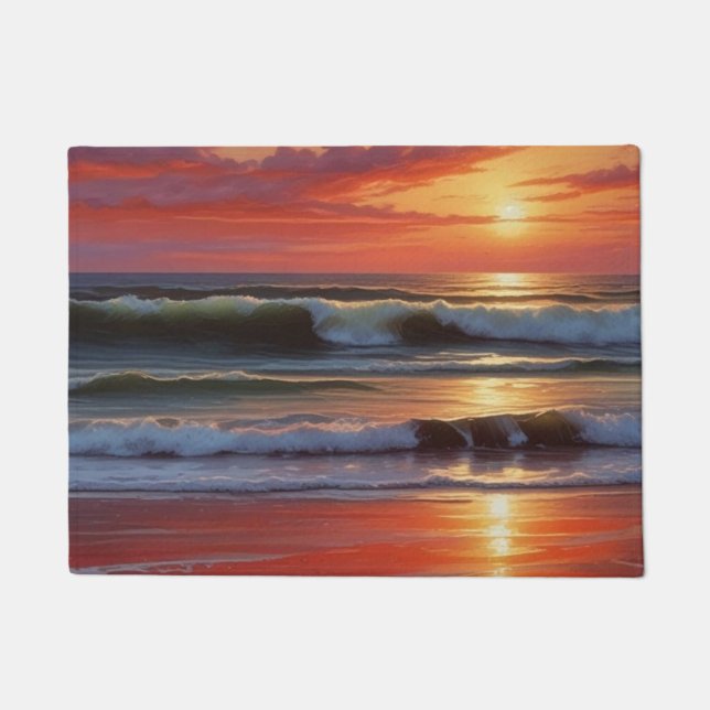 Red Sunset Ocean Seascape Malerei Artwork Fußmatte (Vorderseite)