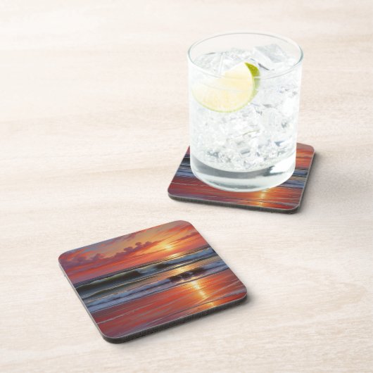 Red Sunset Ocean Seascape Malerei Artwork Getränkeuntersetzer (Rechte Seite)