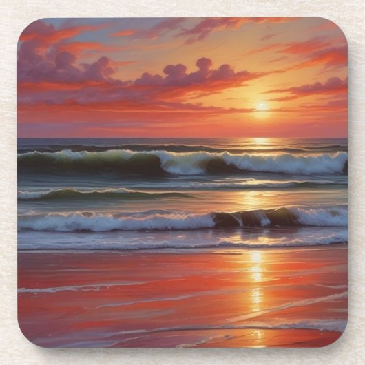 Red Sunset Ocean Seascape Malerei Artwork Getränkeuntersetzer (Vorderseite)