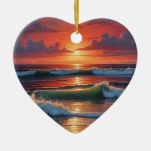 Red Sunset Ocean Seascape Malerei Artwork Keramik Ornament