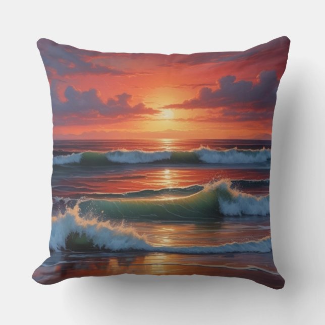 Red Sunset Ocean Seascape Malerei Artwork Kissen (Vorderseite)
