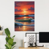 Red Sunset Ocean Seascape Malerei Artwork Poster (Heimbüro)