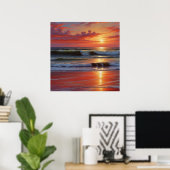 Red Sunset Ocean Seascape Malerei Artwork Poster (Heimbüro)