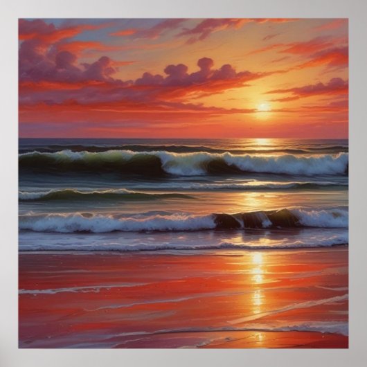 Red Sunset Ocean Seascape Malerei Artwork Poster (Vorne)