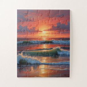 Red Sunset Ocean Seascape Malerei Artwork Puzzle