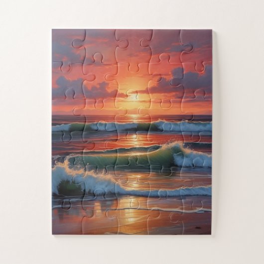 Red Sunset Ocean Seascape Malerei Artwork Puzzle (Vertikal)