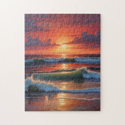 Red Sunset Ocean Seascape Malerei Artwork Puzzle (Vertikal)