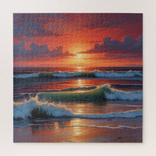 Red Sunset Ocean Seascape Malerei Artwork Puzzle