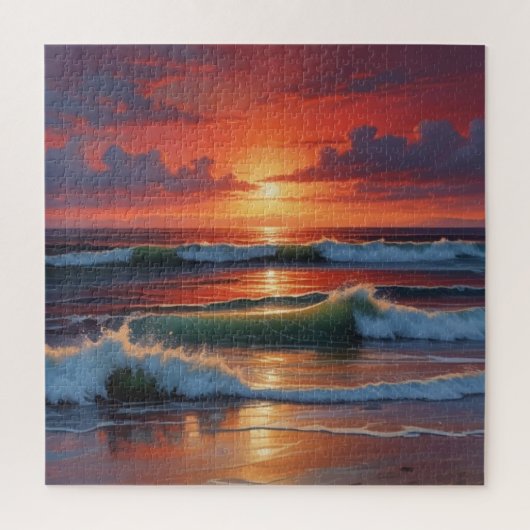 Red Sunset Ocean Seascape Malerei Artwork Puzzle (Vertikal)