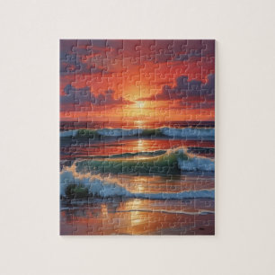 Red Sunset Ocean Seascape Malerei Artwork Puzzle