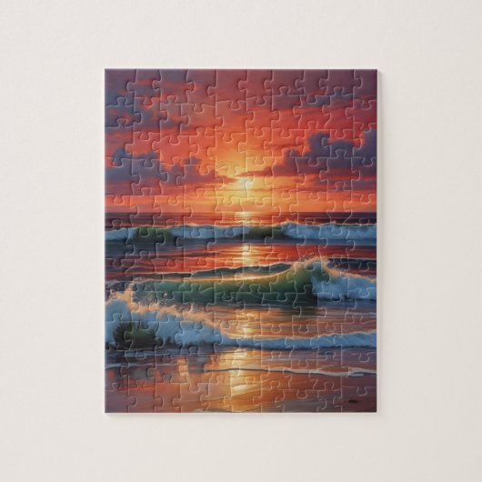 Red Sunset Ocean Seascape Malerei Artwork Puzzle (Vertikal)