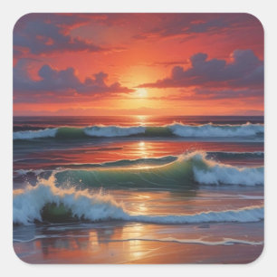 Red Sunset Ocean Seascape Malerei Artwork Quadratischer Aufkleber