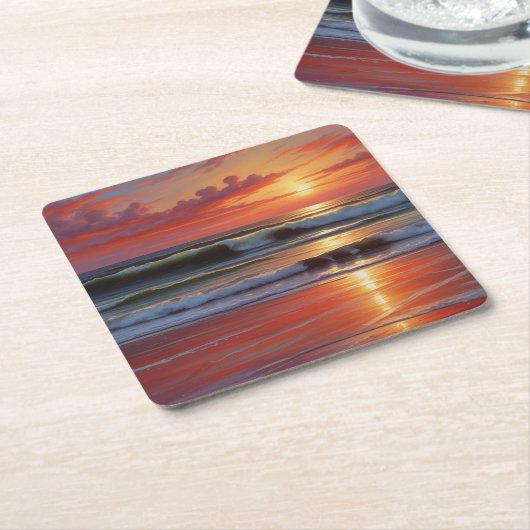 Red Sunset Ocean Seascape Malerei Artwork Rechteckiger Pappuntersetzer (angewinkelt)