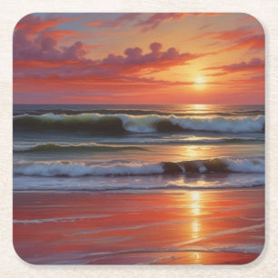 Red Sunset Ocean Seascape Malerei Artwork Rechteckiger Pappuntersetzer