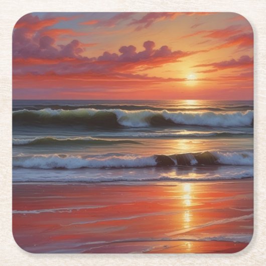 Red Sunset Ocean Seascape Malerei Artwork Rechteckiger Pappuntersetzer (Vorderseite)