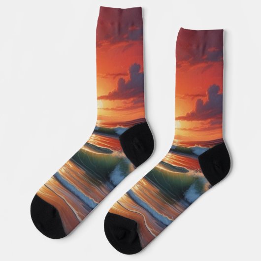 Red Sunset Ocean Seascape Malerei Artwork Socken (Linkes Detail)