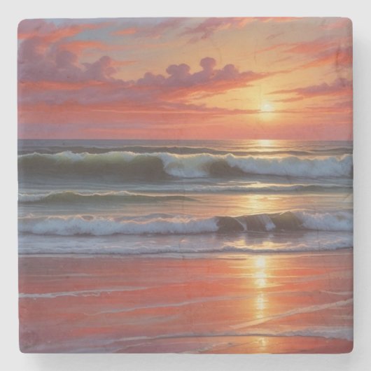 Red Sunset Ocean Seascape Malerei Artwork Steinuntersetzer (Vorderseite)