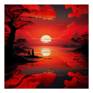 Red Sunset Reflection - Friedliche Natur Art Poster