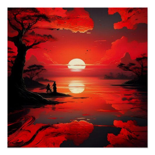 Red Sunset Reflection - Friedliche Natur Art Poster (Vorderseite)